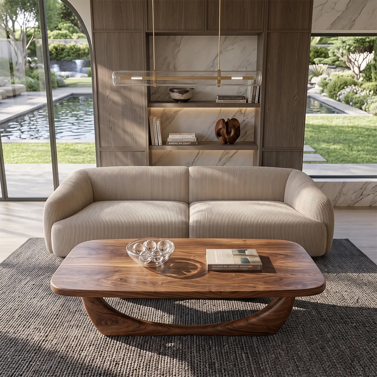 Sculptural Coffee Table with Curved Base | Organic Modern Rounded Rectangle Center Table