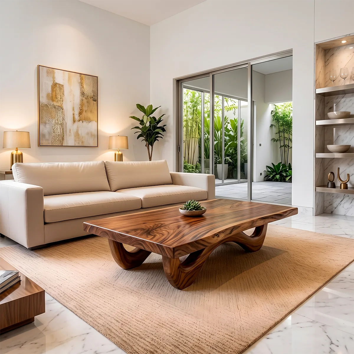 Sculptural Rectangular Coffee Table with Curved Base | Organic Modern Center Table