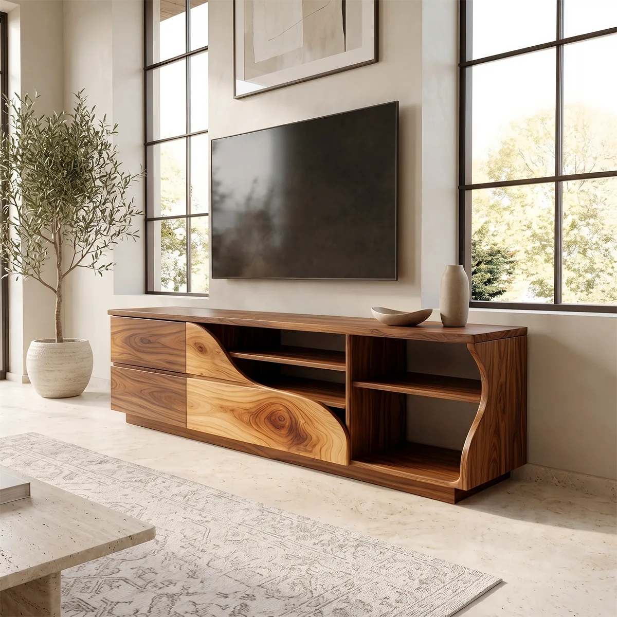 Asymmetrical TV Stand with Drawers & Open Shelves | Sculptural Media Console TH003-7SZG2XE
