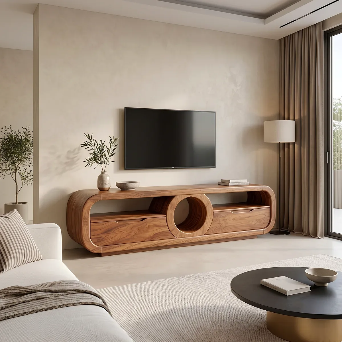 Modern TV Stand with Circular Shelf & Drawers | Sculptural Media Console TH003-7HDN2FQ