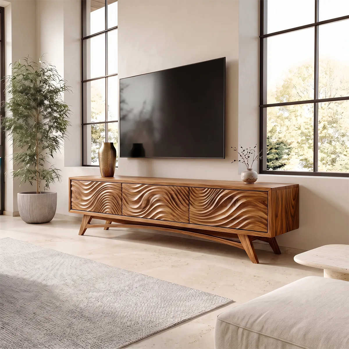 Carved Wave TV Stand with 3 Cabinets | Sculptural Modern Media Console TH003-1PAI9SF