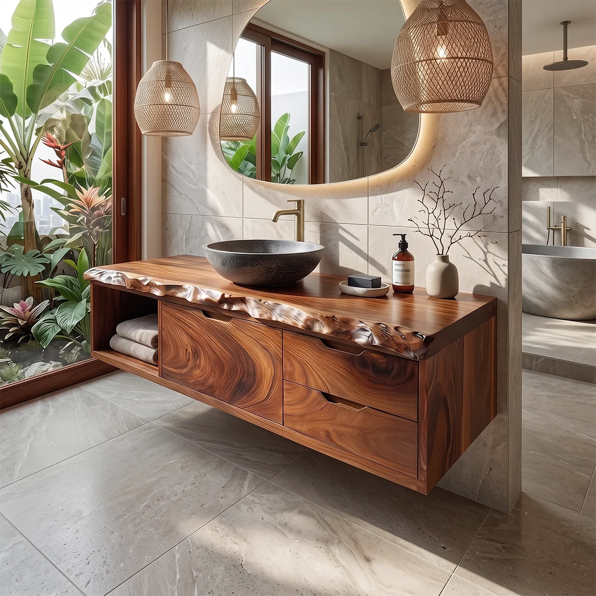 Floating Bathroom Vanity with Cabinet, Two Drawers & Open Shelf | Modern Live Edge Bathroom Vanity TH003-4SBL5MC