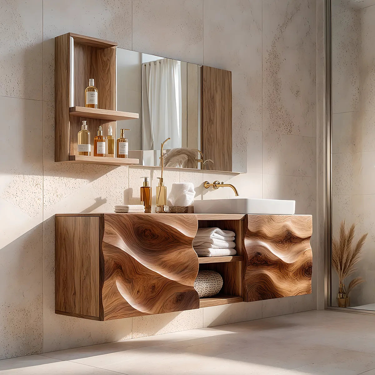 Modern Floating Bathroom Vanity with Sculpted Wave Front | Wall Mounted Bathroom Vanity TH003-3JBW4WW