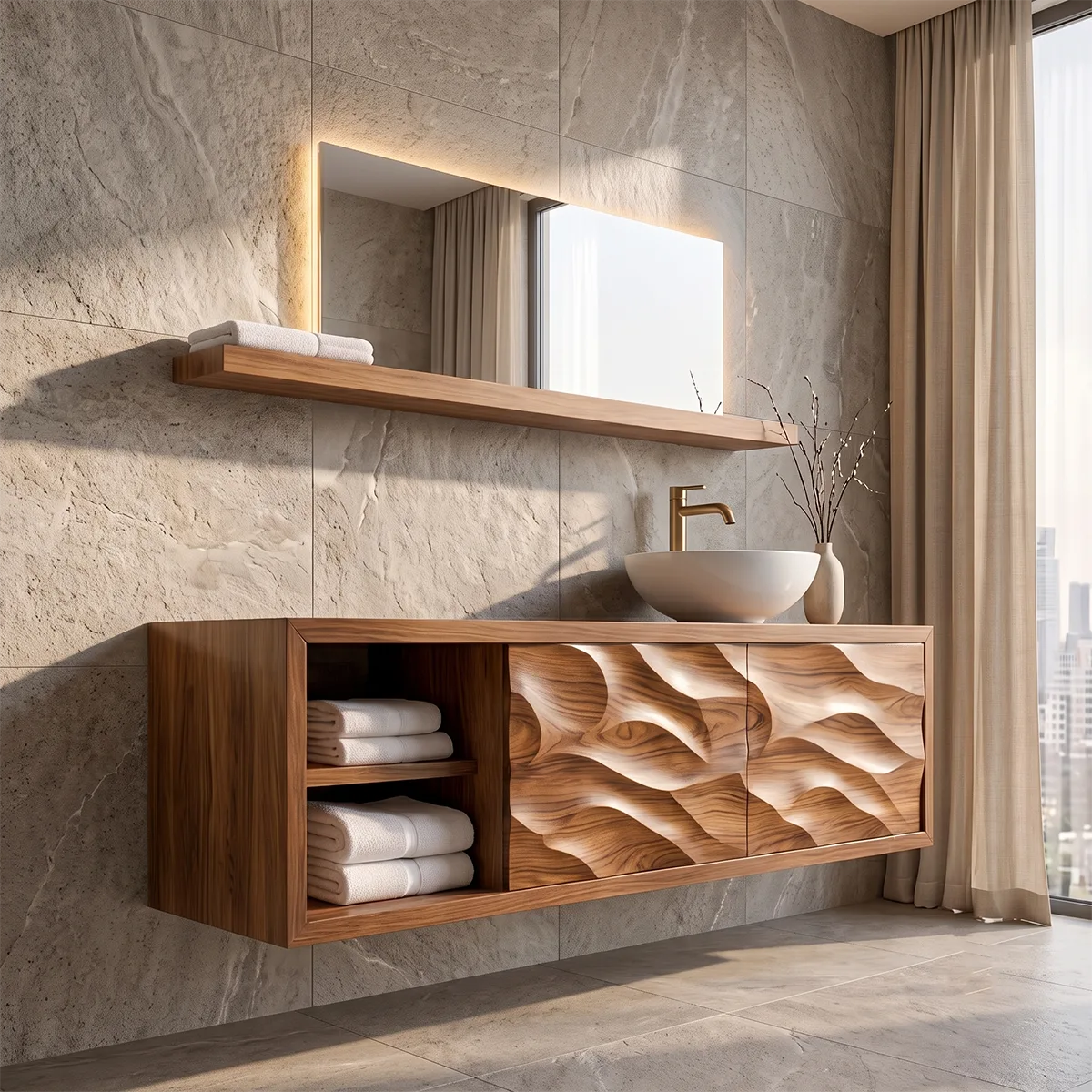 Modern Floating Bathroom Vanity with Sculpted Wave Doors | Wall Mounted Vanity Cabinet TH003-9UNQ5XS