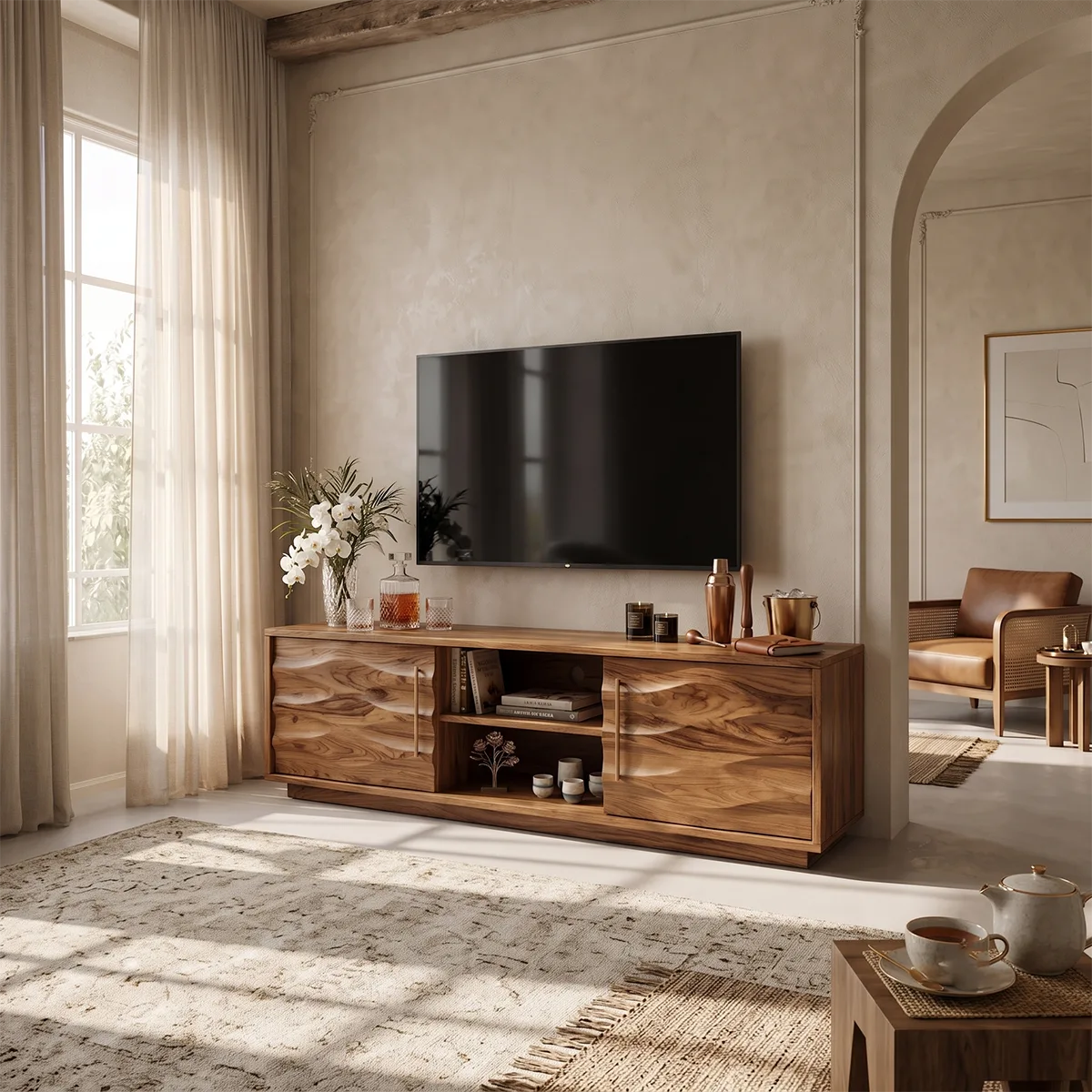 Wave Carved TV Stand with 2 Cabinets & Open Shelves | Media Console TH003-6UCU1VC