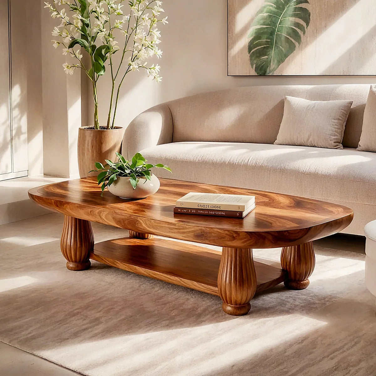 Oval Solid Wood Coffee Table with Storage Shelf | Mid Century Modern Living Room Table TT006-9169