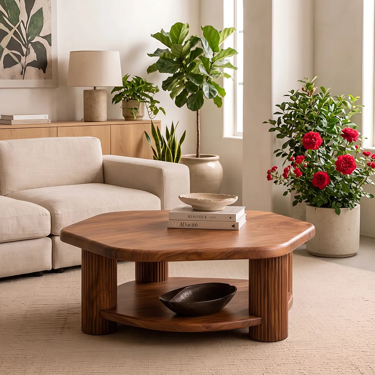 Organic Square Solid Wood Coffee Table with Storage Shelf | Modern Center Table for Living Room TT006-7481