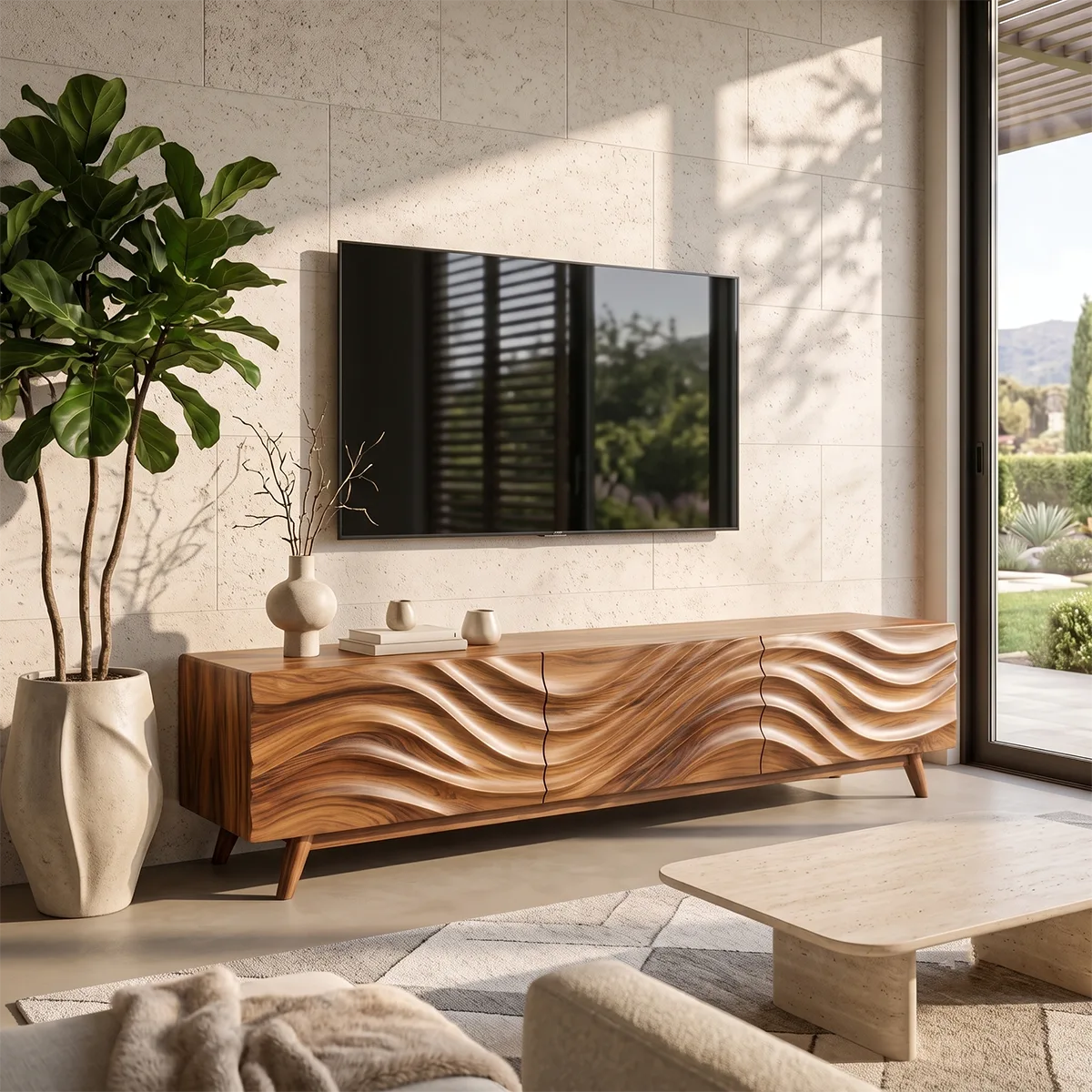 Modern Wave Front TV Stand with Dual Cabinets & Center Drawer | Contemporary Media Console TH003-9IBA7YN