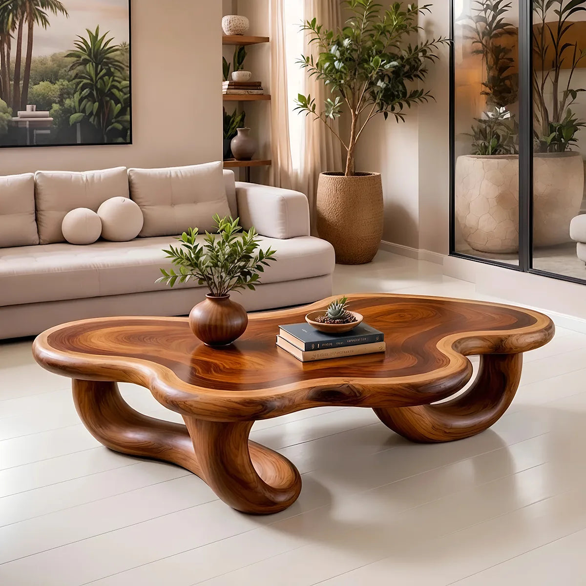 Modern Organic Solid Wood Coffee Table with Sculptural Curved Base TT006-4311