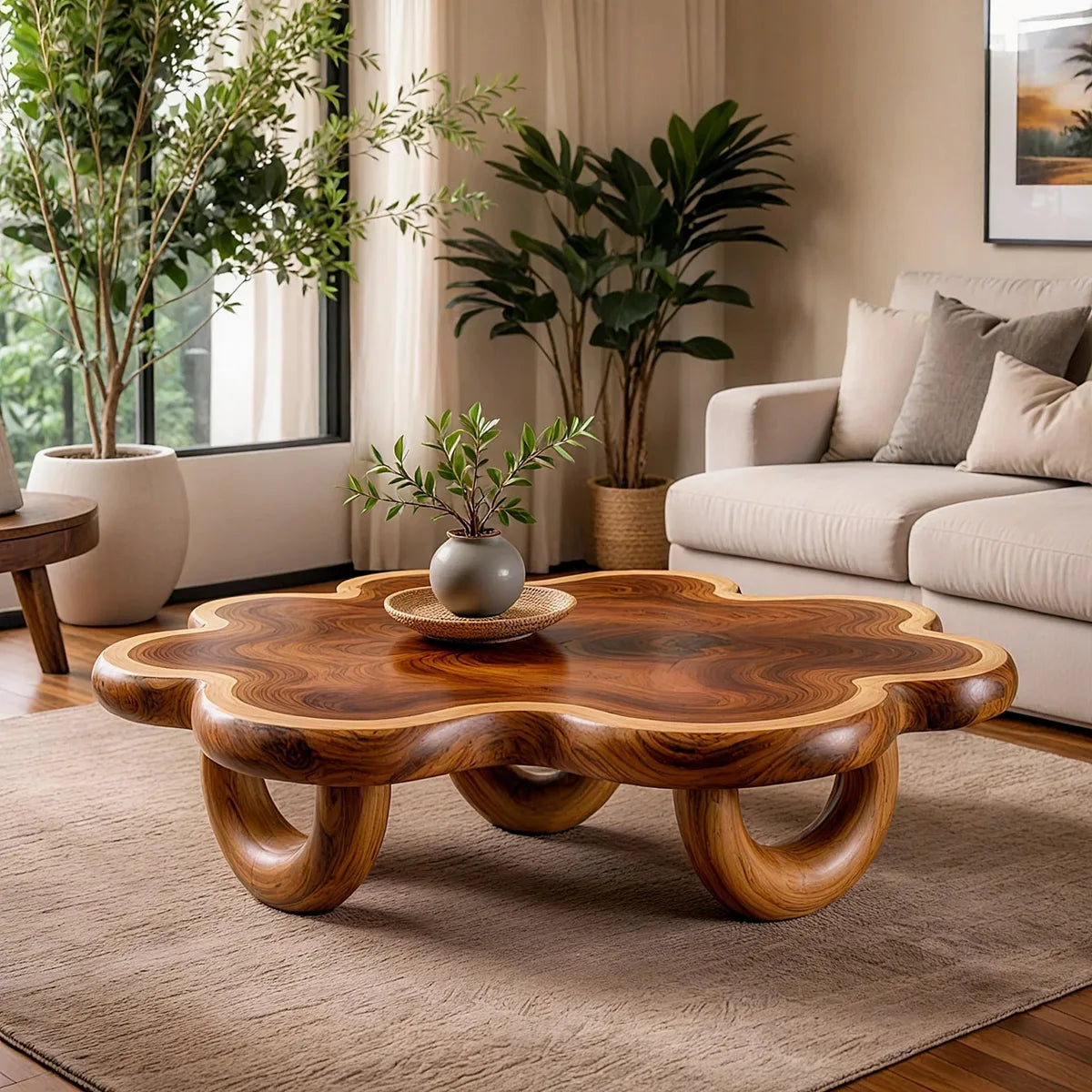 Organic Solid Wood Coffee Table | Sculptural Flower-Shaped Modern Center Table TT006-3040