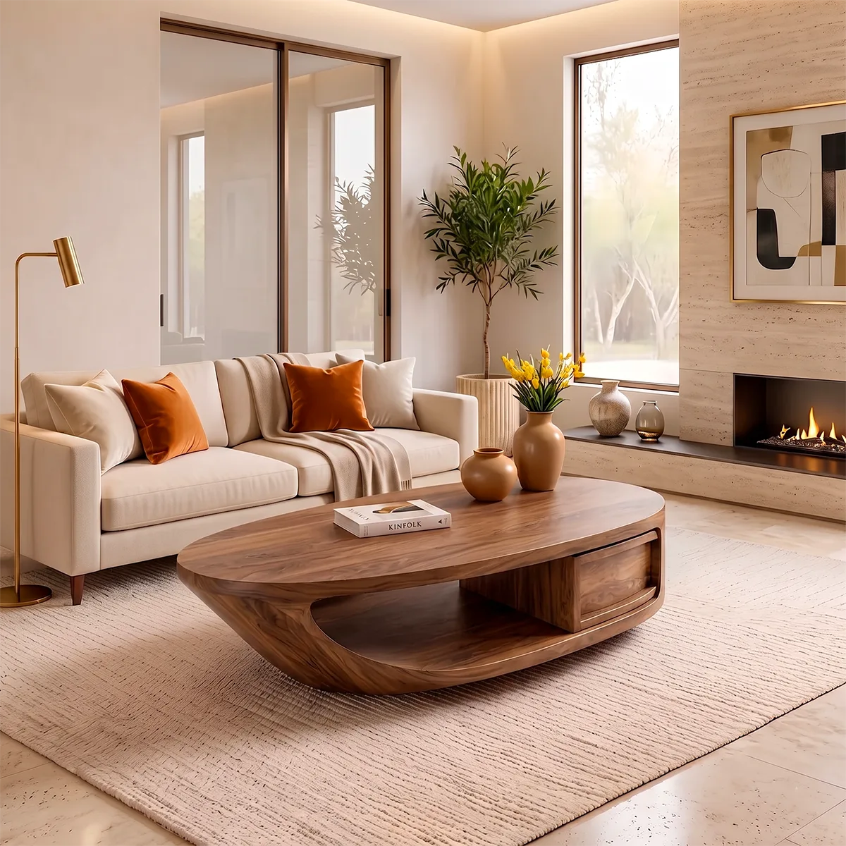 Modern Oval Coffee Table | Organic Sculptural Low Profile Living Room Center Table