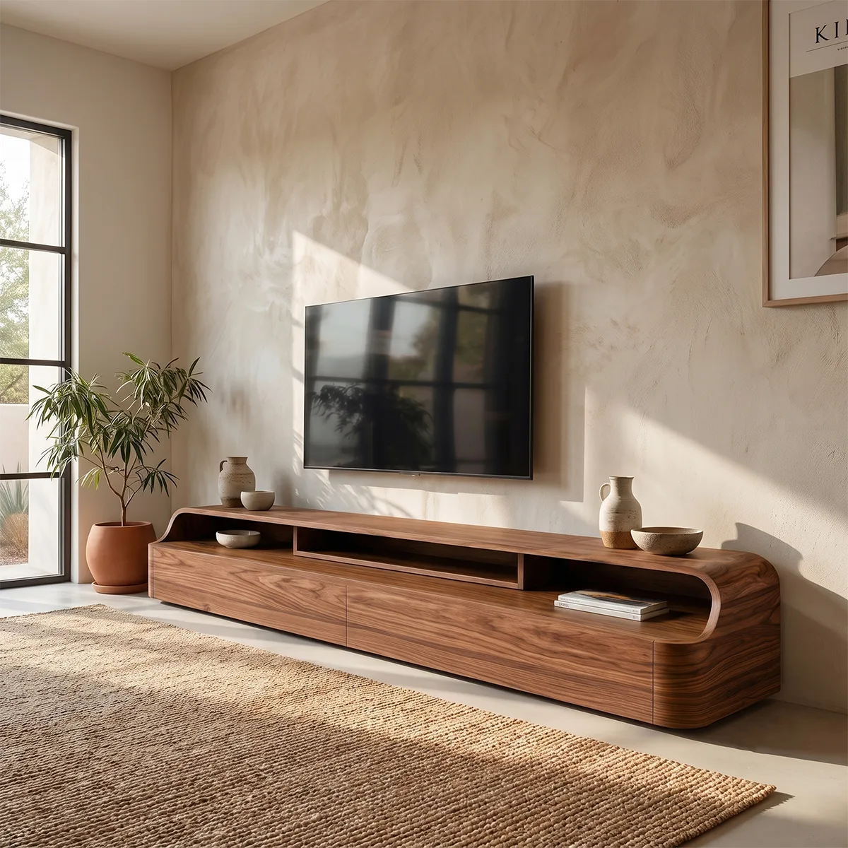 Modern Low Profile TV Stand with 2 Drawers & Open Media Shelves