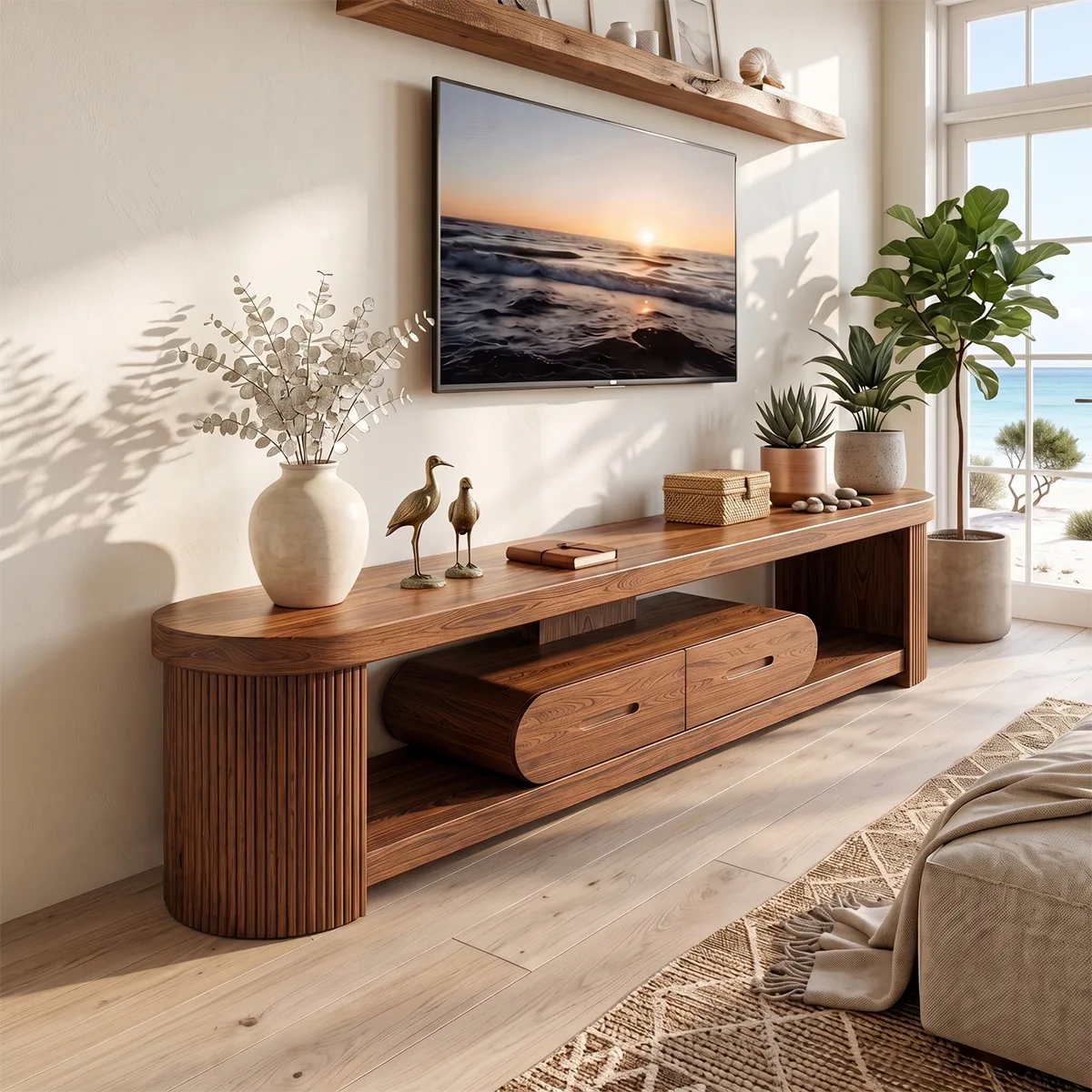 Modern Fluted TV Stand with 2 Drawers & Open Storage | Sculptural Low Profile Media Console
