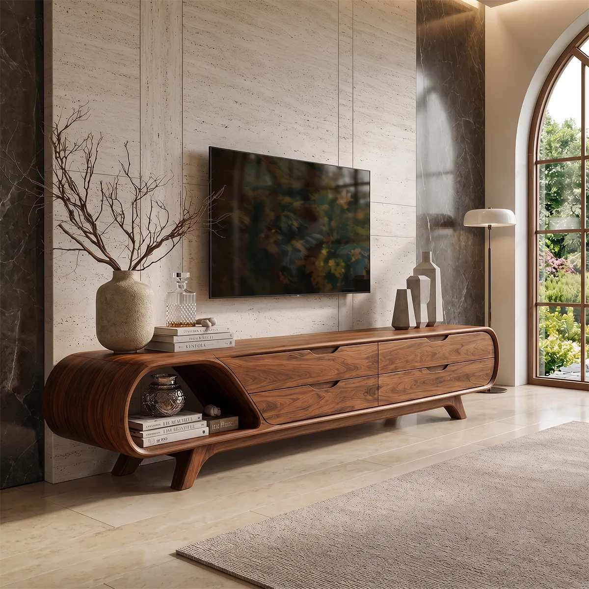 Modern Curved TV Stand with 4 Drawers & Open Shelf | Sculptural Low Profile Media Console