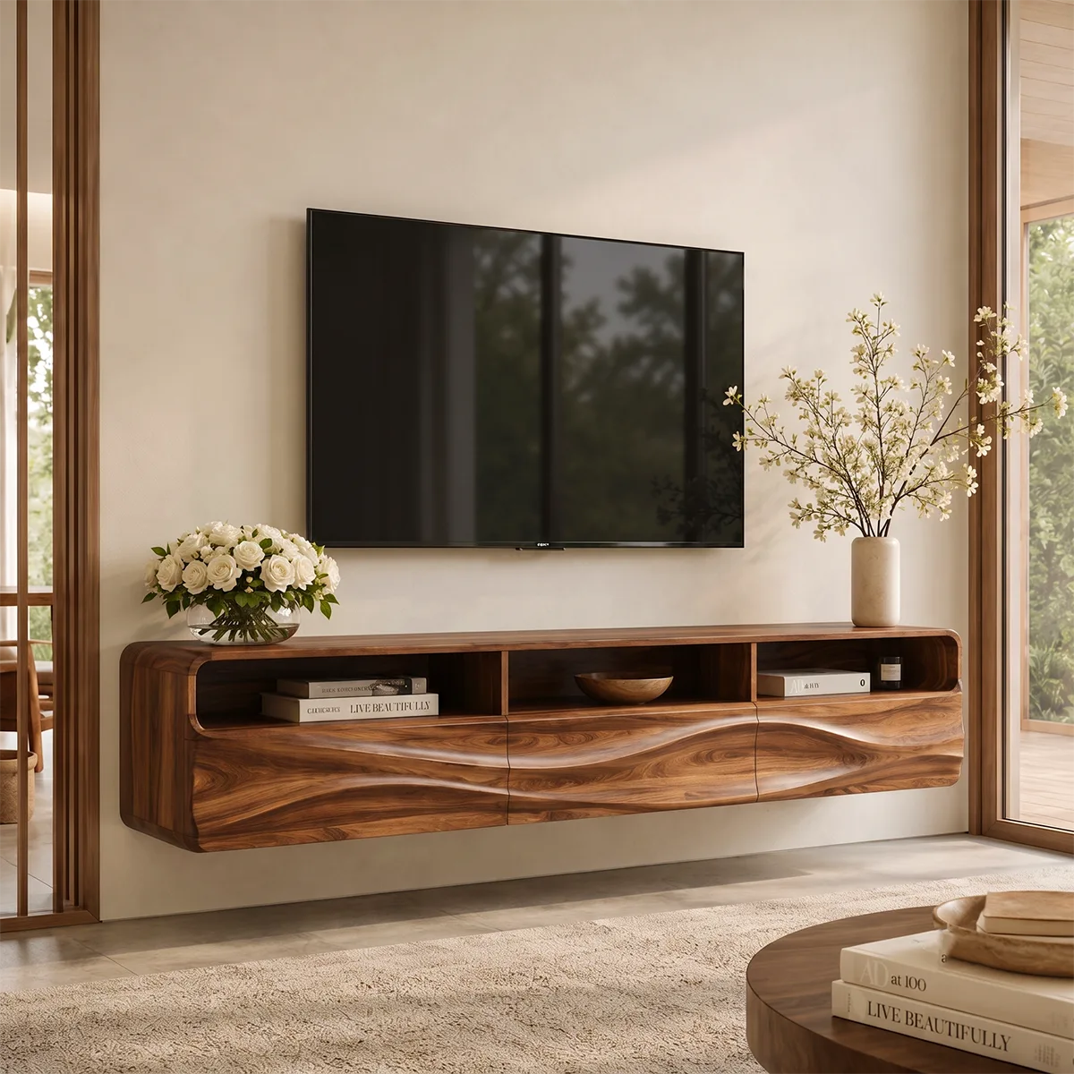 Floating TV Stand with Open Shelving & Three Drawers | Organic Modern TV Console TT006-5STK9KO