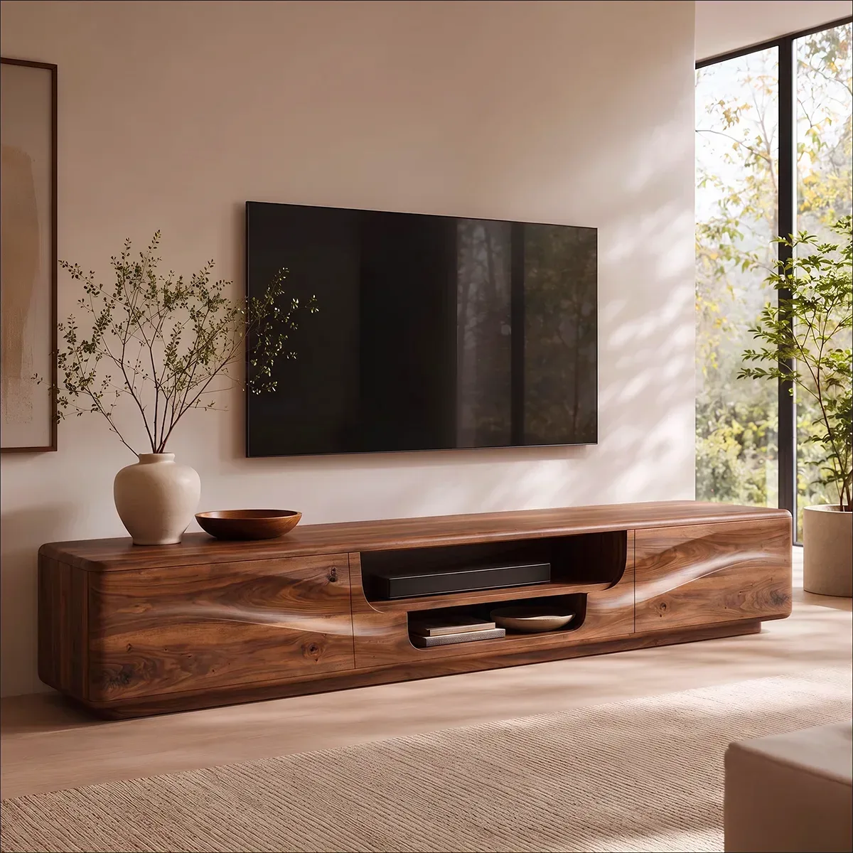 Organic Modern TV Stand with Dual Cabinets & Open Media Shelf | Modern Entertainment Console TT006-7DSN7TR