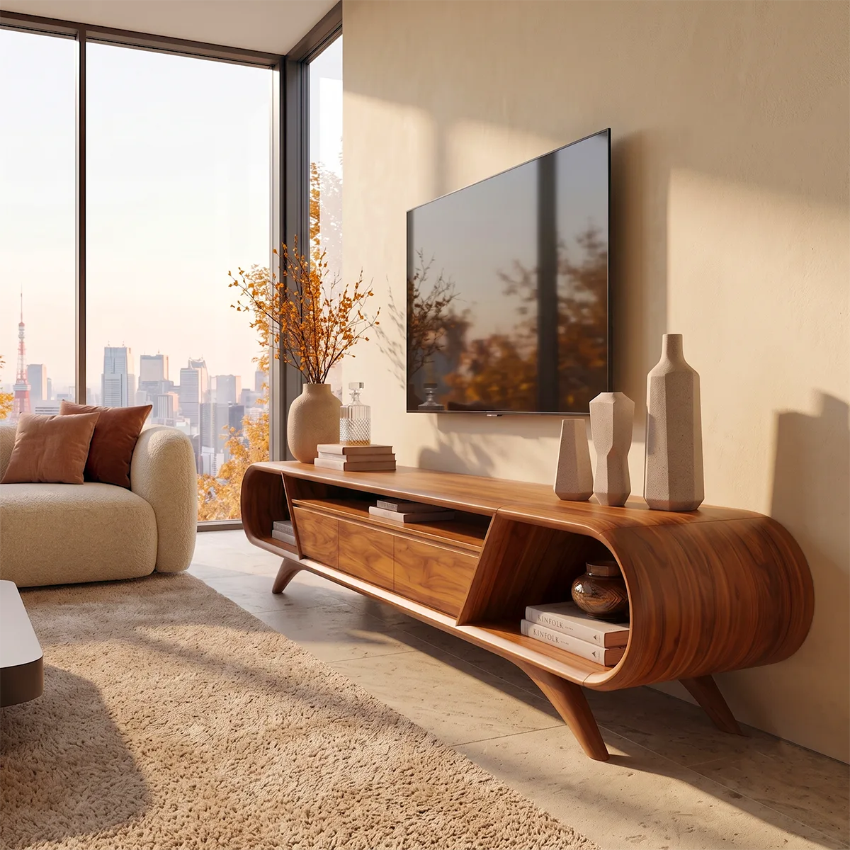 Modern Curved TV Stand with 3 Drawers & 3 Open Storage Areas | Sculptural Media Console