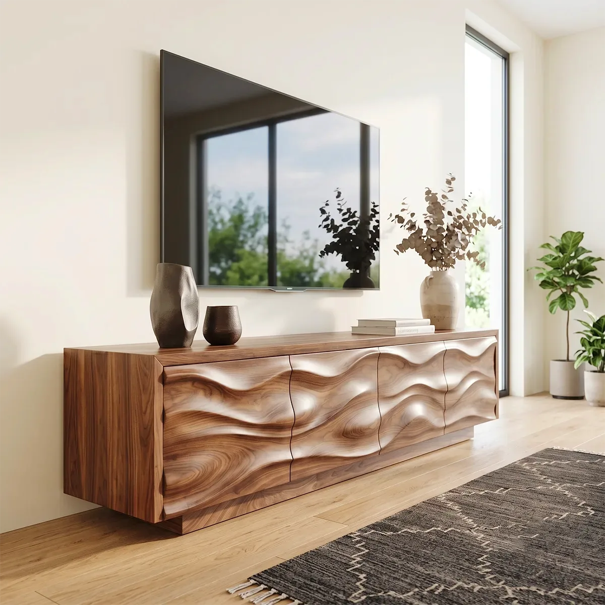 Modern Organic TV Stand with Sculpted Cabinets | Entertainment Console TT006-6CBU3TP