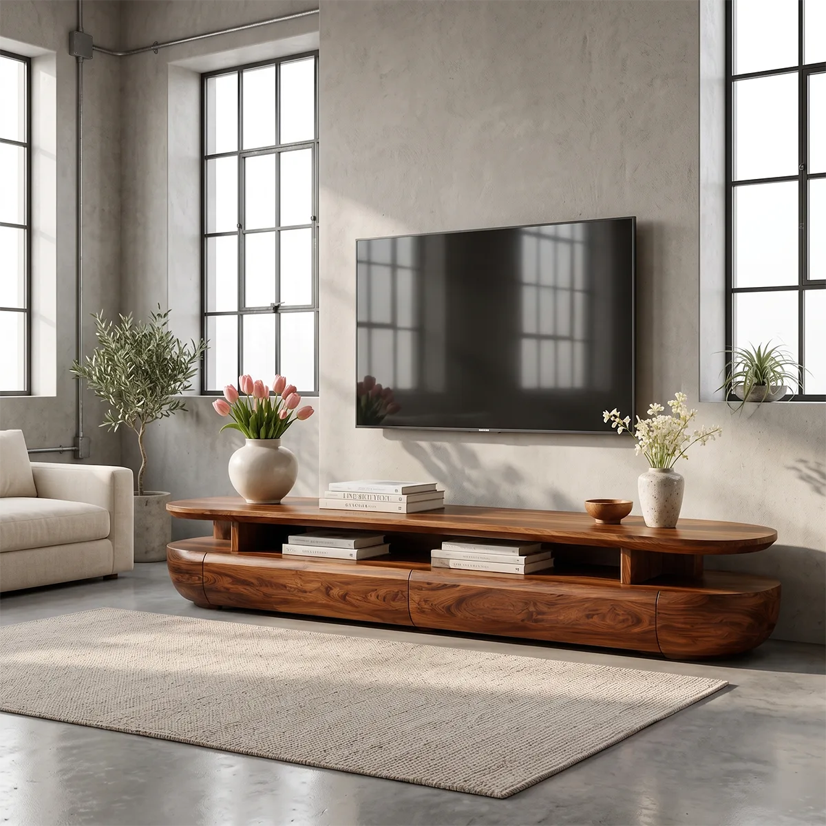 Organic Modern TV Stand with Open Shelf & 2 Drawers | Modern Media Console TT006-1JRE9PZ