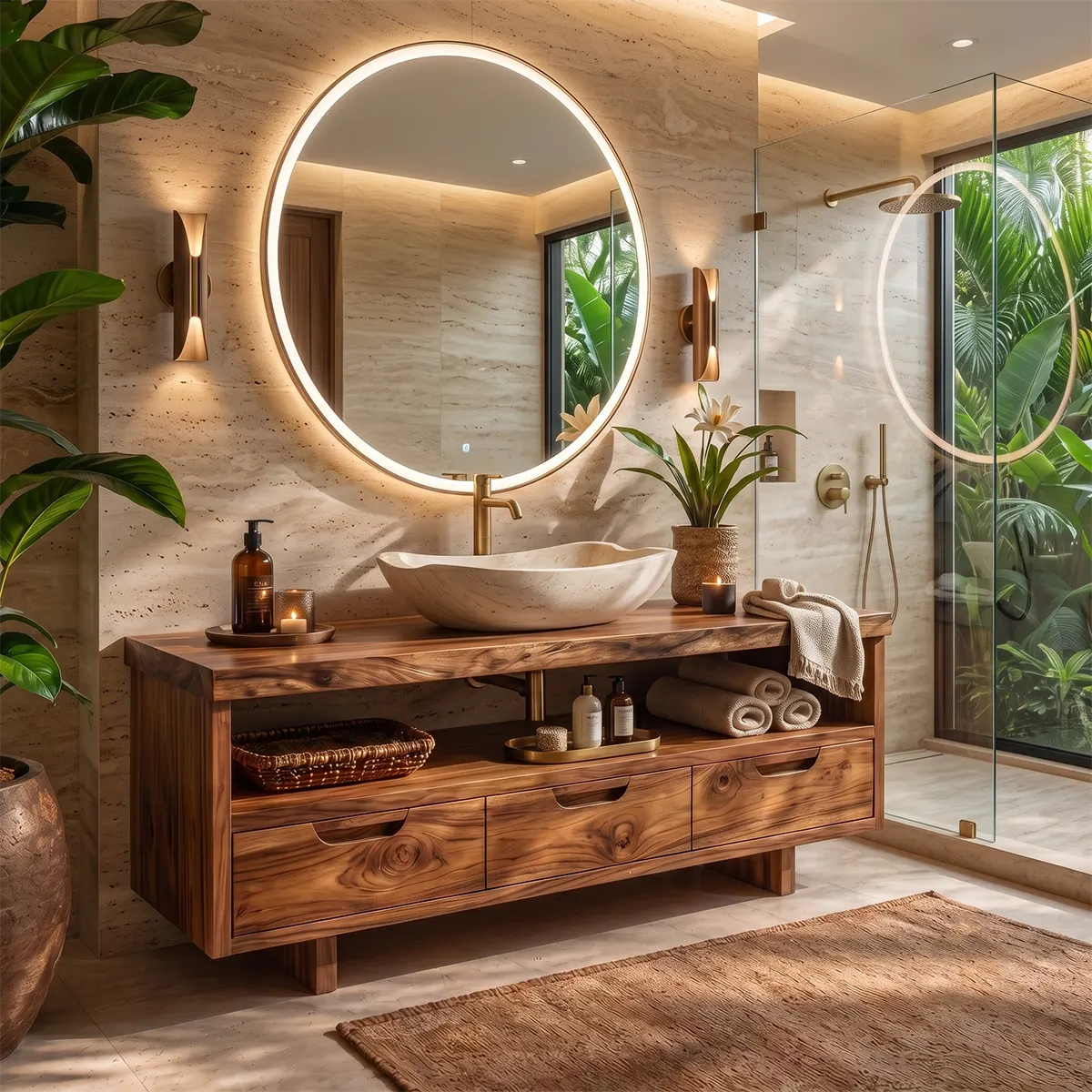 Freestanding Solid Wood Bathroom Vanity | Live Edge Wood Vanity with Open Shelf & Three Drawers TT006-2MDA2PI