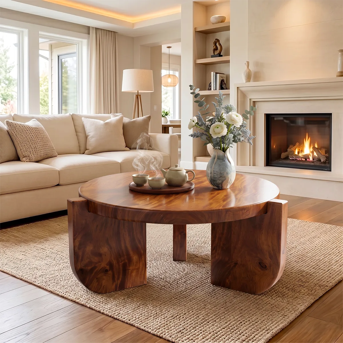 Modern Round Coffee Table with 3 Sculptural Panel Legs | Organic Contemporary Living Room Table
