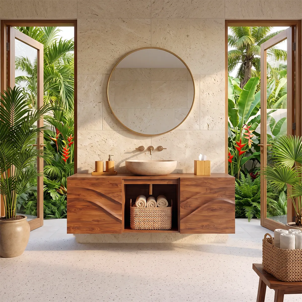 Floating Bathroom Vanity with 2 Sculpted Wave Doors & Center Open Storage Compartment