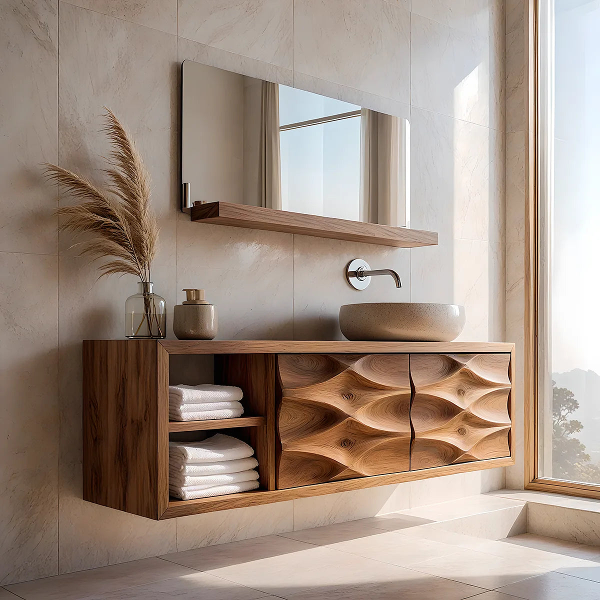 Modern Floating Bathroom Vanity with Sculpted Wave Doors | Wall-Mounted Vanity Cabinet TH003-6TQY1HS