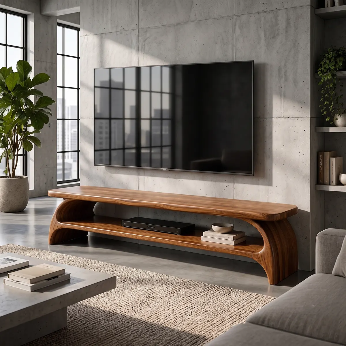 Organic Modern TV Stand with Sculptural Open Shelf & Curved Waterfall Design TT006-2BHV8AL