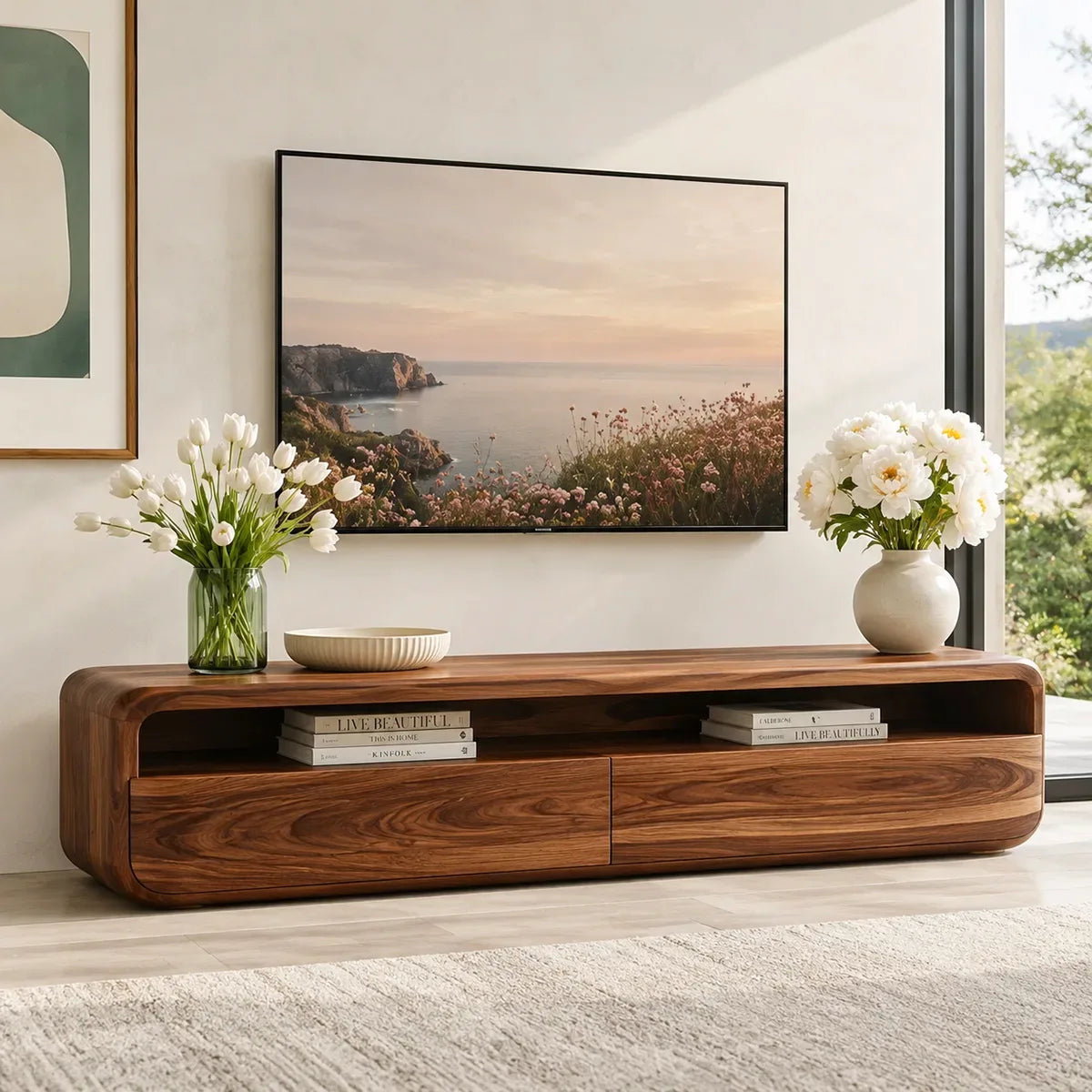 Modern TV Stand with Open Shelf & 2 Large Drawers | Minimalist Media Console TT006-2PMS8ZG