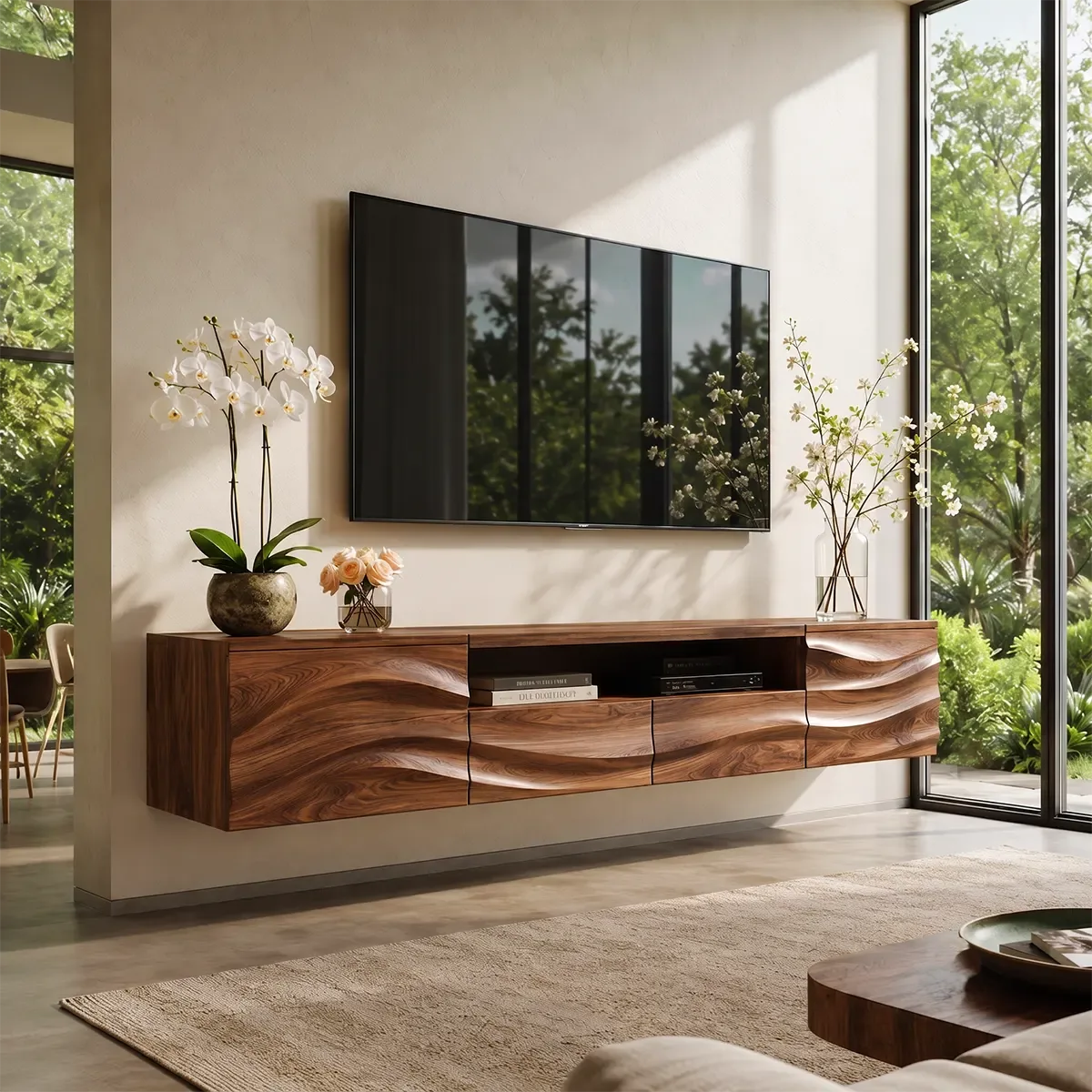 Organic Modern Floating TV Stand with Dual Cabinets, Open Shelf & Double Drawers TT006-5QDJ5ZW