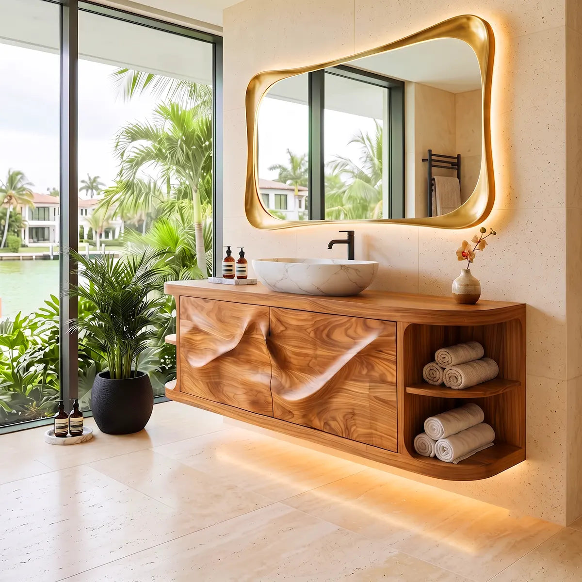 Floating Solid Wood Bathroom Vanity with Double-Door Cabinet & Open Shelves | Wall Mounted Bathroom Vanity with Fixed Storage TT006-9IGM7UG