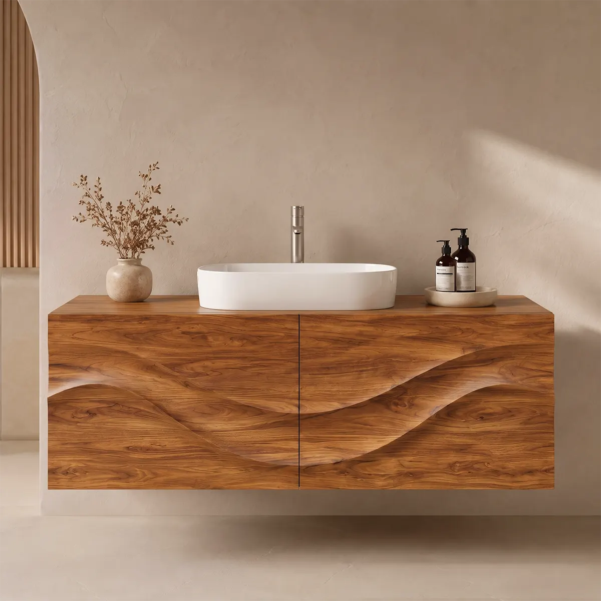 Floating Bathroom Vanity with 2 Doors | Sculpted Wave Front Wall Mounted Vanity Cabinet