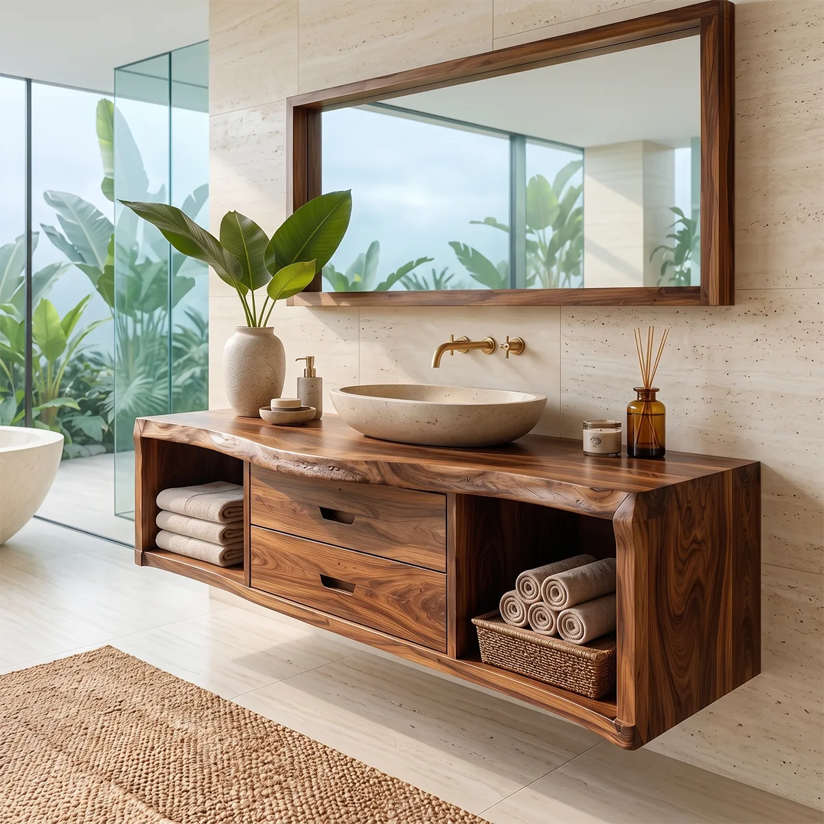 Floating Solid Wood Bathroom Vanity | Live Edge Bathroom Vanity with Double Drawers and Open Storage Shelves TT006-2IAU5HX
