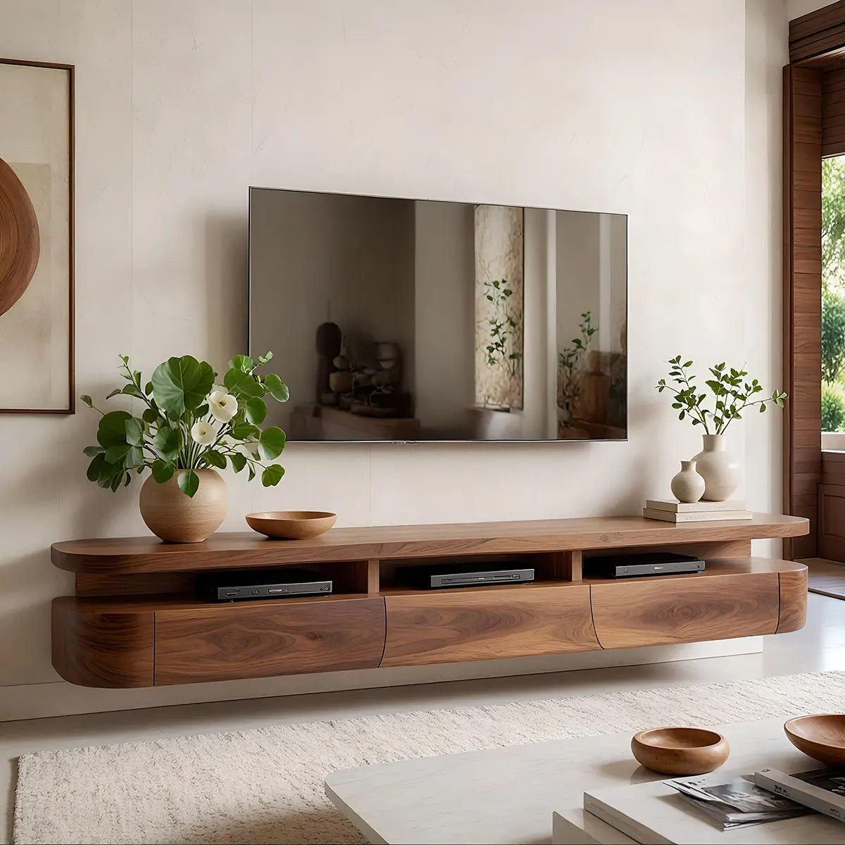 Modern Floating TV Stand with Open Media Shelf & Three Storage Drawers TT006-2WVU2VZ