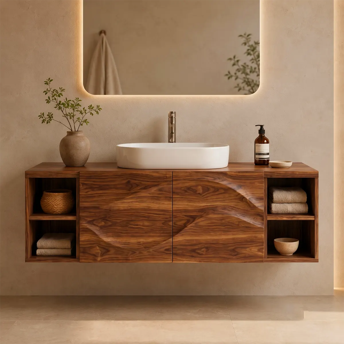Floating Bathroom Vanity with 2 Carved Wave Doors & 4 Open Storage Compartments