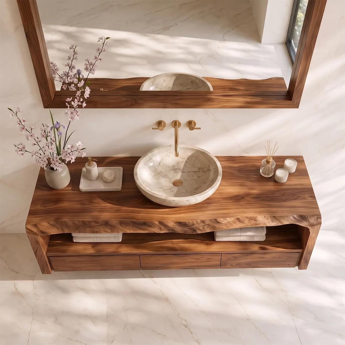 Floating Solid Wood Bathroom Vanity | Live Edge Bathroom Vanity with 3 Soft-Close Drawers and Open Shelf TT006-5FPH5WZ