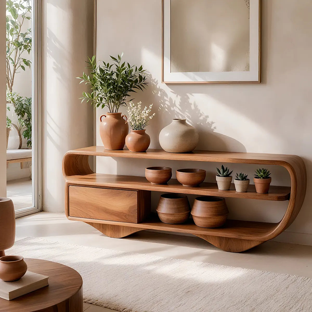 Modern Organic Console Table with Storage Drawer & Open Shelves for Entryway TT006-6372
