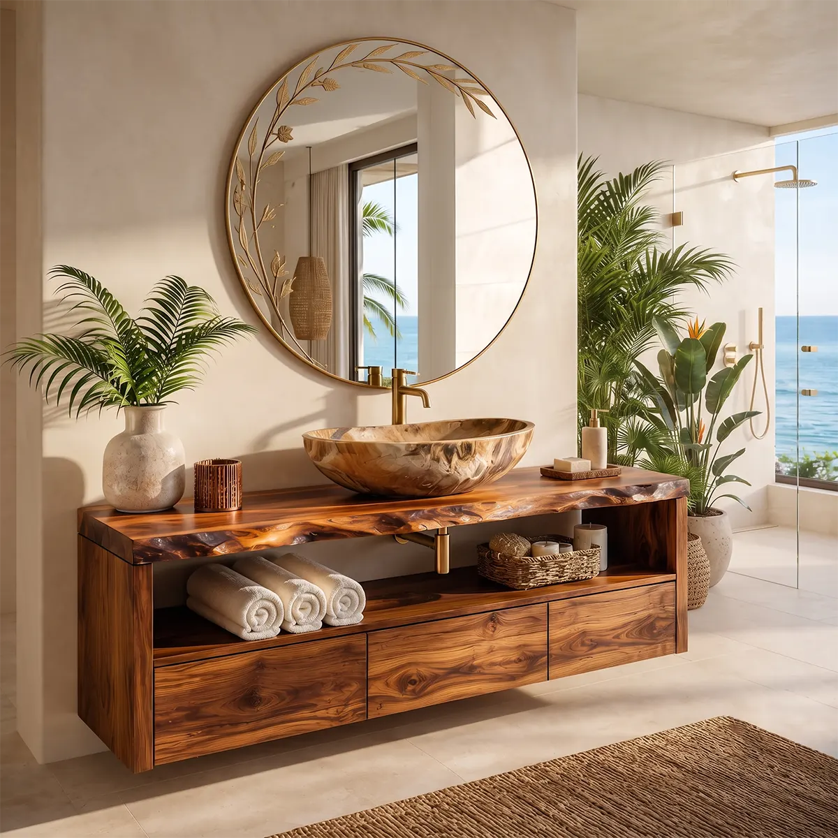 Freestanding Solid Wood Bathroom Vanity | Live Edge Bathroom Vanity with Open Shelf & Three Drawers TT006-7CUG6CN