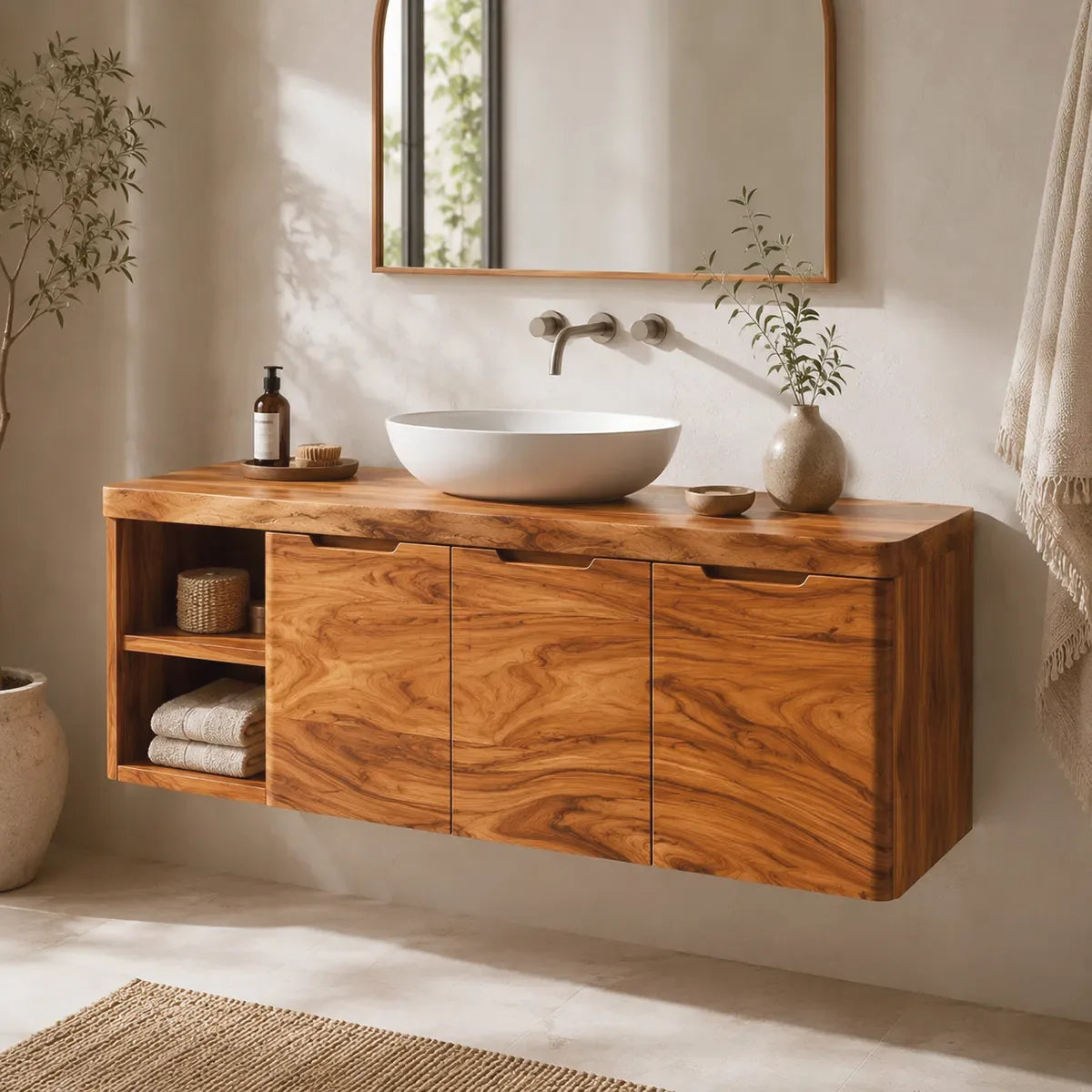 Floating Solid Wood Bathroom Vanity with Open Shelves & Hinged Cabinets | Wall Mounted Bathroom Vanity with Double-Door Storage TT006-4CCT8FL