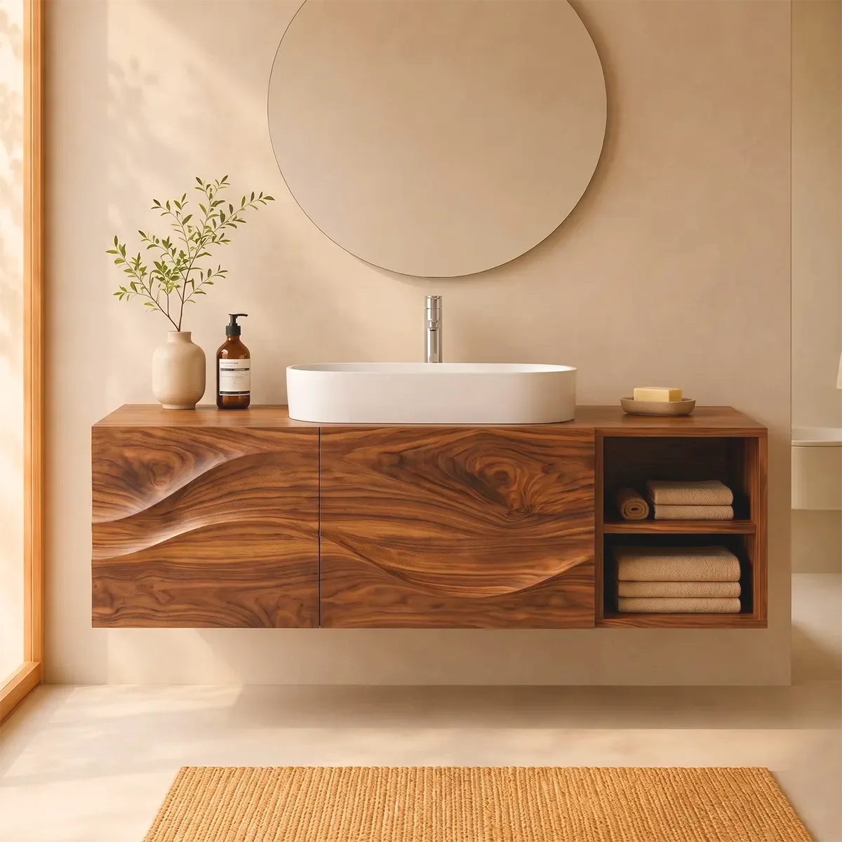 Floating Bathroom Vanity with 2 Doors | Carved Wave Front & Open Storage Shelves