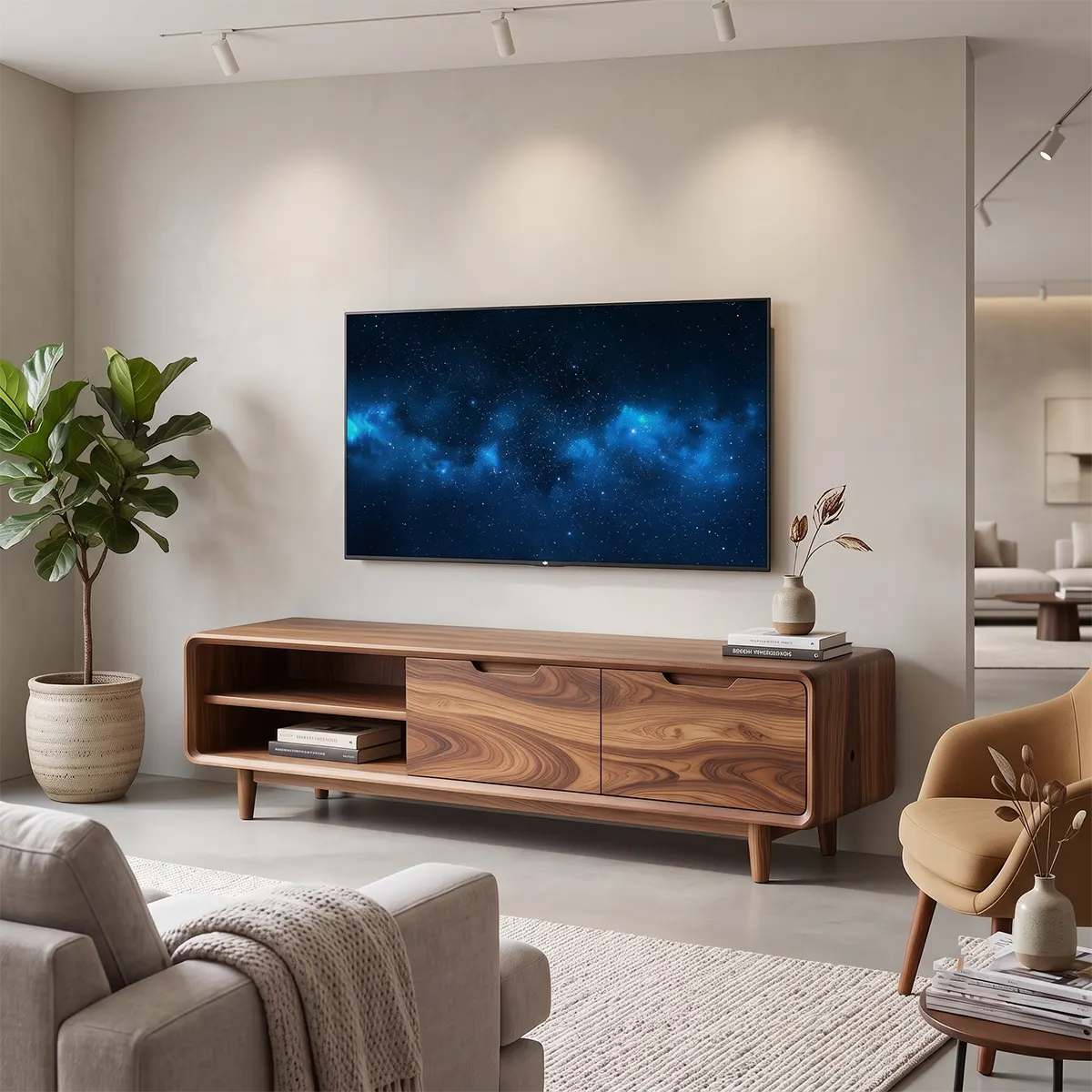 Organic Modern TV Stand with Open Shelving & Hidden Storage Cabinets TT006-4EGA5YH
