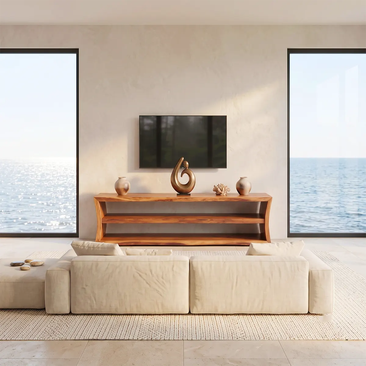 Modern Open Shelf TV Stand – Low Profile Media Console with 2-Tier Storage
