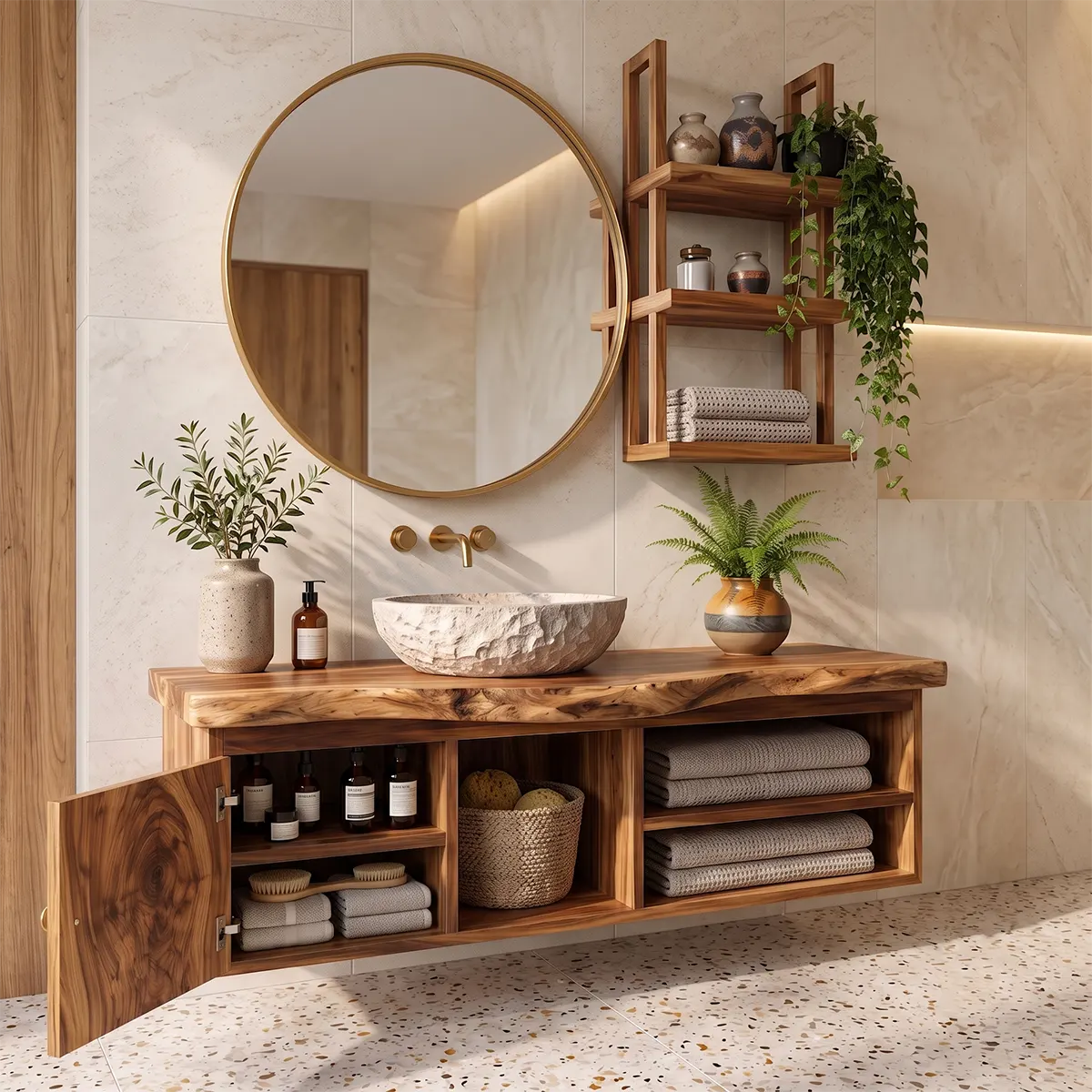 Floating Solid Wood Bathroom Vanity | Modern Bathroom Vanity with Open Storage and Cabinet TT006-3250