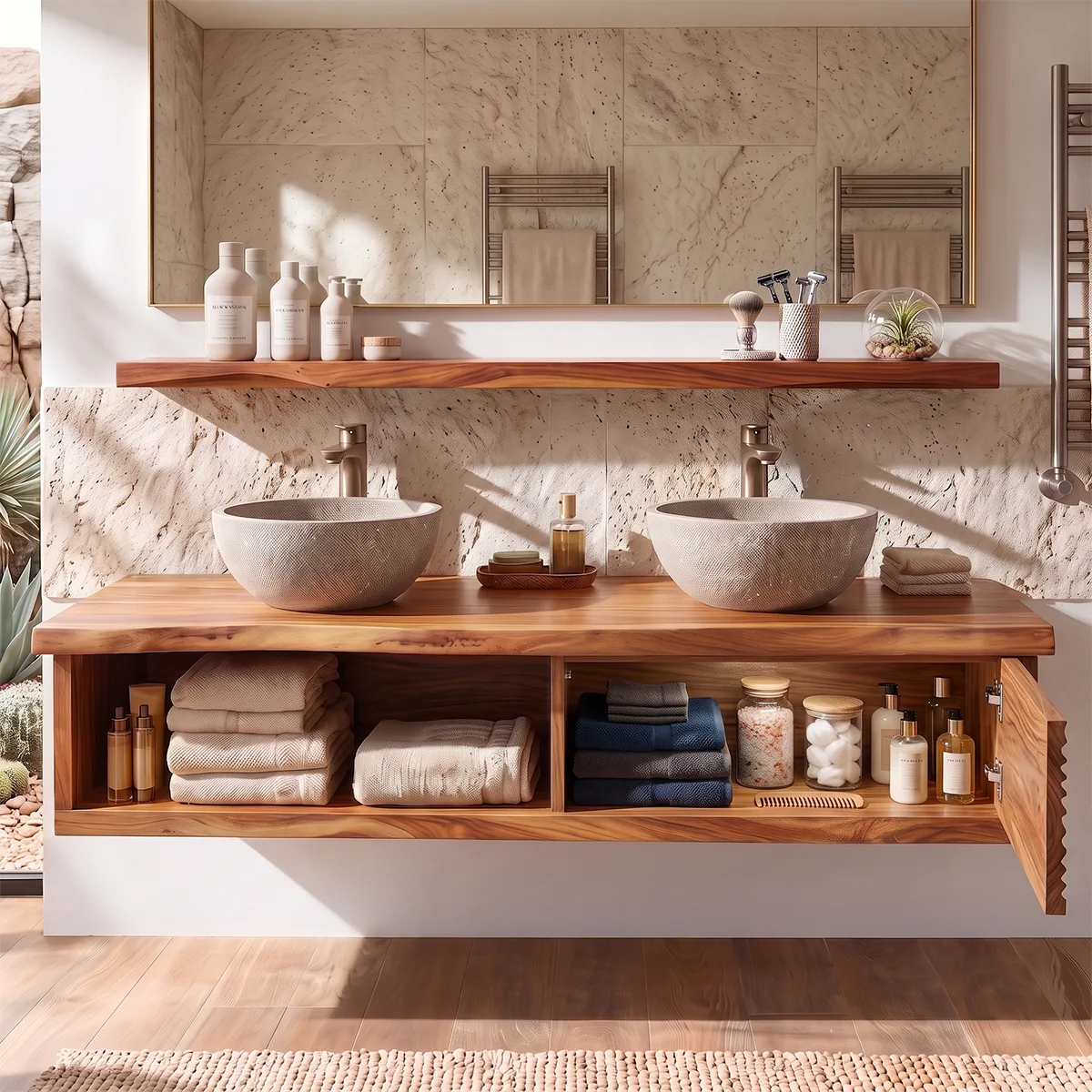 Floating Double Sink Solid Wood Bathroom Vanity | Live Edge Wood Vanity with Open Shelf & Carved Hinged Cabinet TT006-9PJD5EI