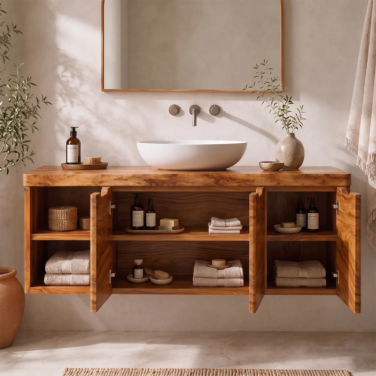 Floating Solid Wood Bathroom Vanity with Open Shelves & Hinged Cabinets | Wall Mounted Bathroom Vanity with Double-Door Storage TT006-4CCT8FL