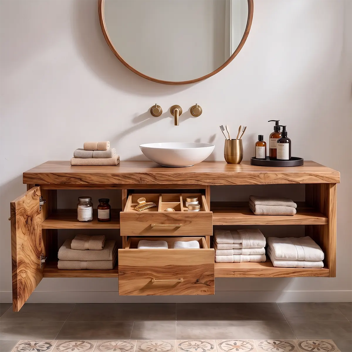 Floating Solid Wood Bathroom Vanity | Live Edge Wood Vanity with Soft-Close Drawers & Open Shelves TT006-1WVD8ID