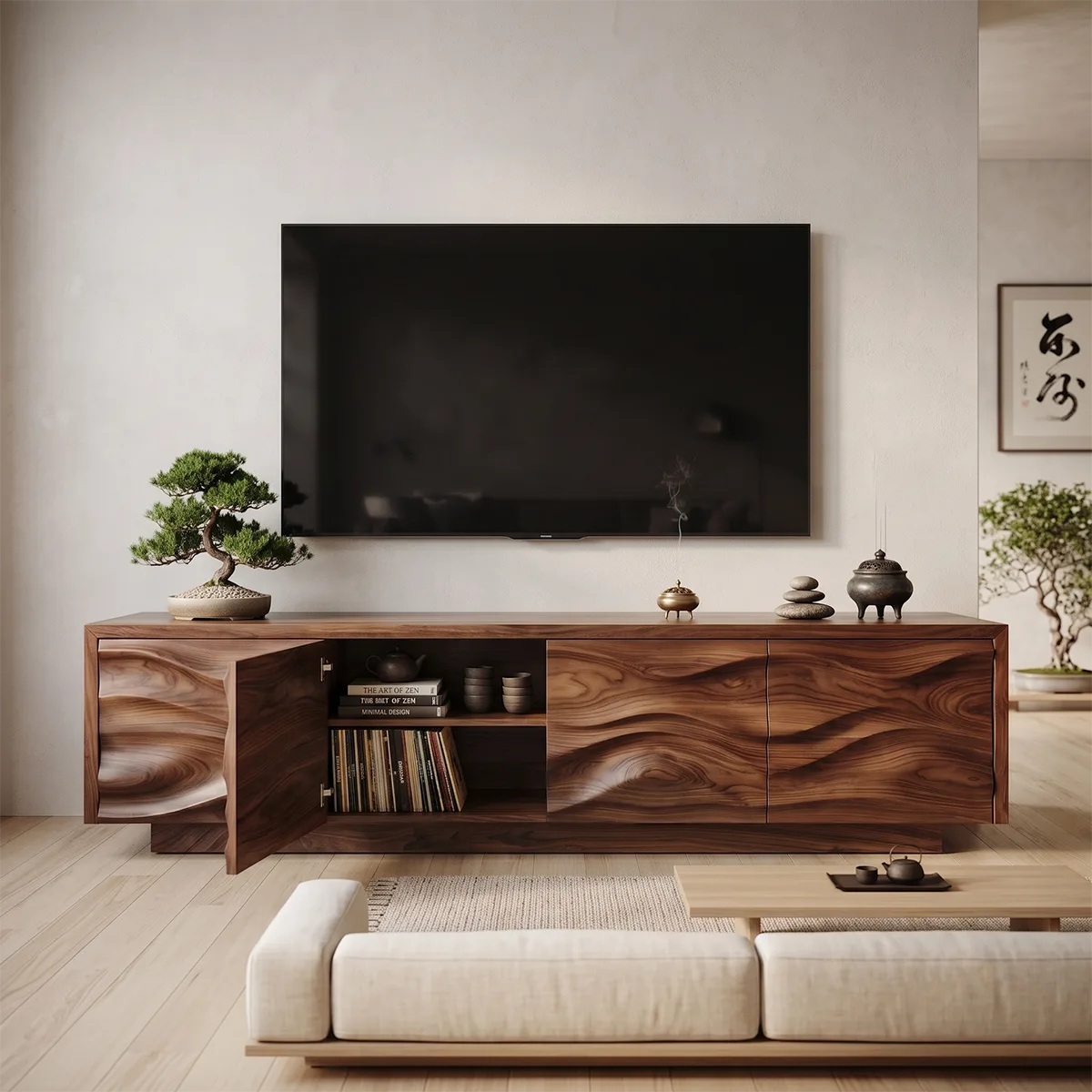 Modern Organic TV Stand with Sculpted Cabinets | Entertainment Console TT006-6CBU3TP