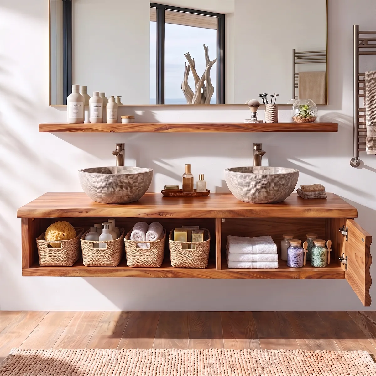 Floating Double Sink Solid Wood Bathroom Vanity | Modern Wood Vanity with Open Shelf & Carved Hinged Cabinet TT006-1ERI1VM