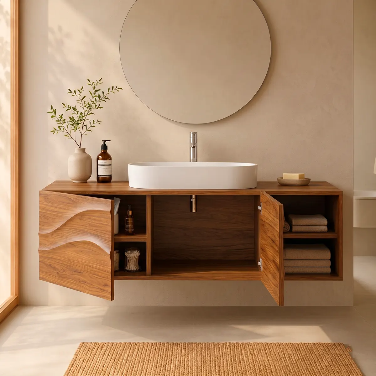 Floating Bathroom Vanity with 2 Doors | Carved Wave Front & Open Storage Shelves
