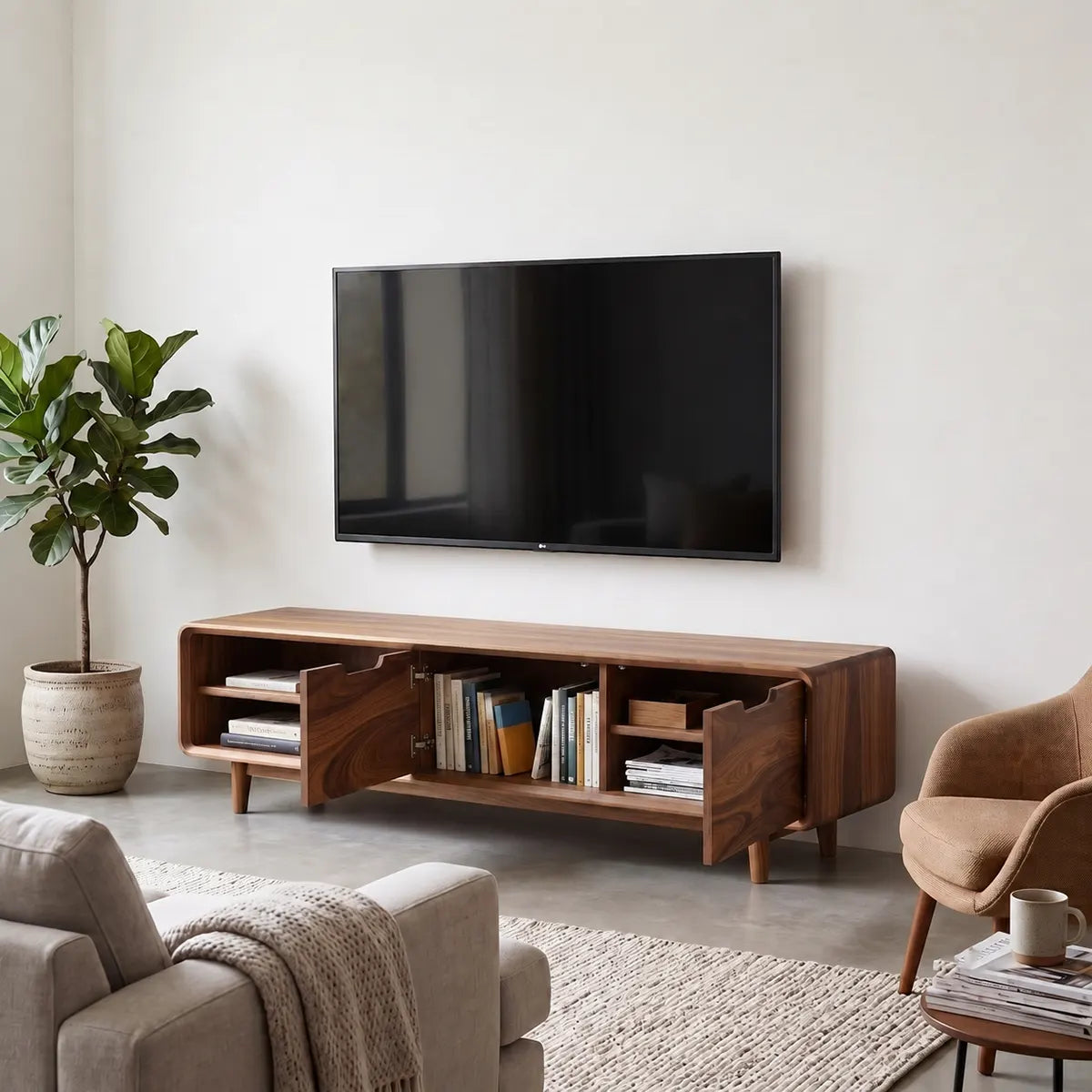 Organic Modern TV Stand with Open Shelving & Hidden Storage Cabinets TT006-4EGA5YH